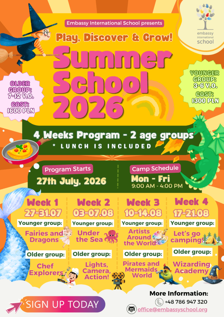 Summer School 2026 Kraków poster with dates, age groups and prices